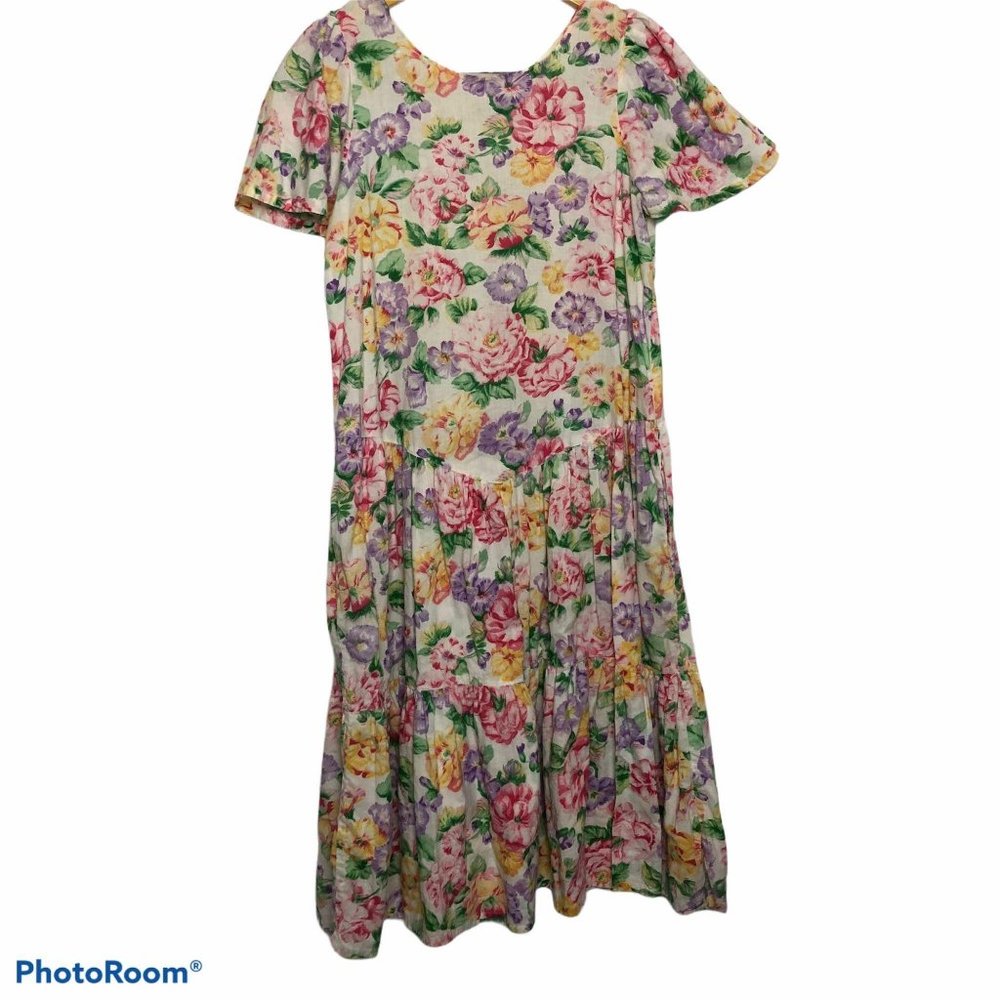 Vintage Komar Pastel Floral Prairie Cottagecore Button Down Midi Dress Medium